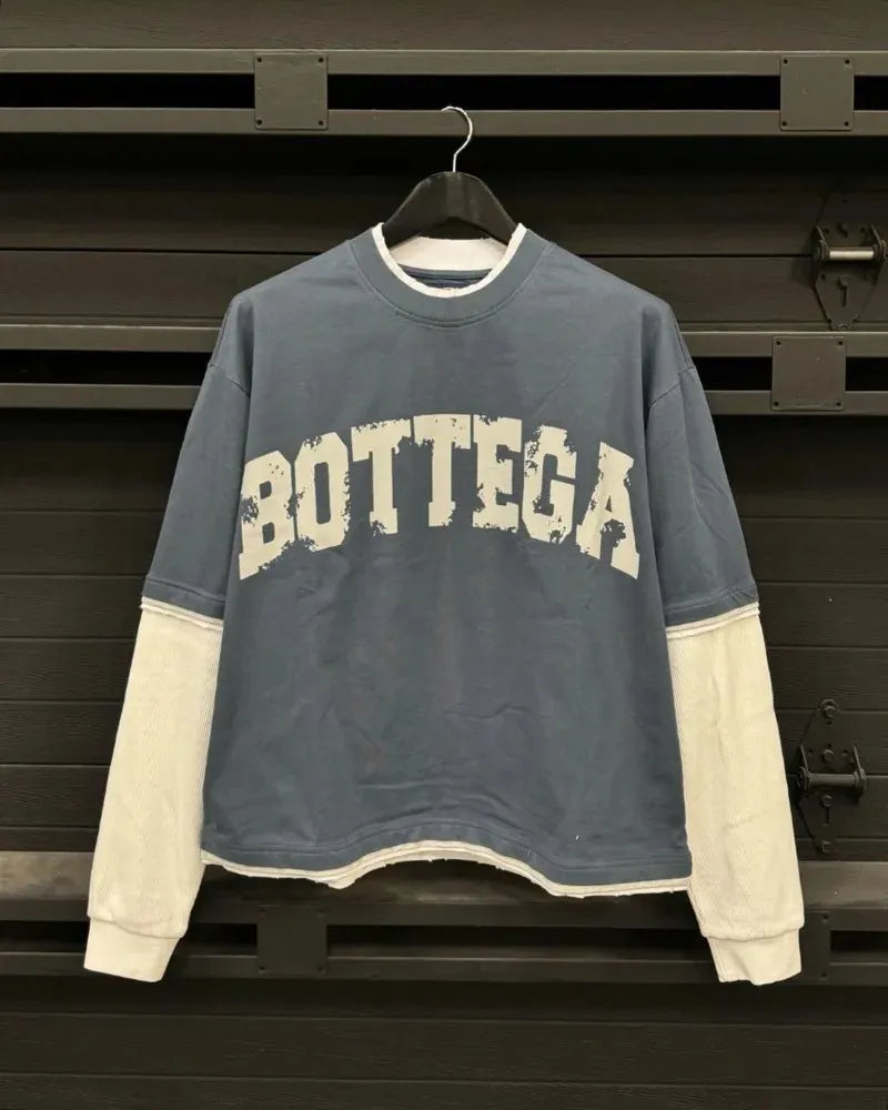 Street Letter Printed round Neck Fake Two Piece Long Sleeved T-Shirt for Men and Women Y2K Fashionable Casual Loose Top Trendy Couple
