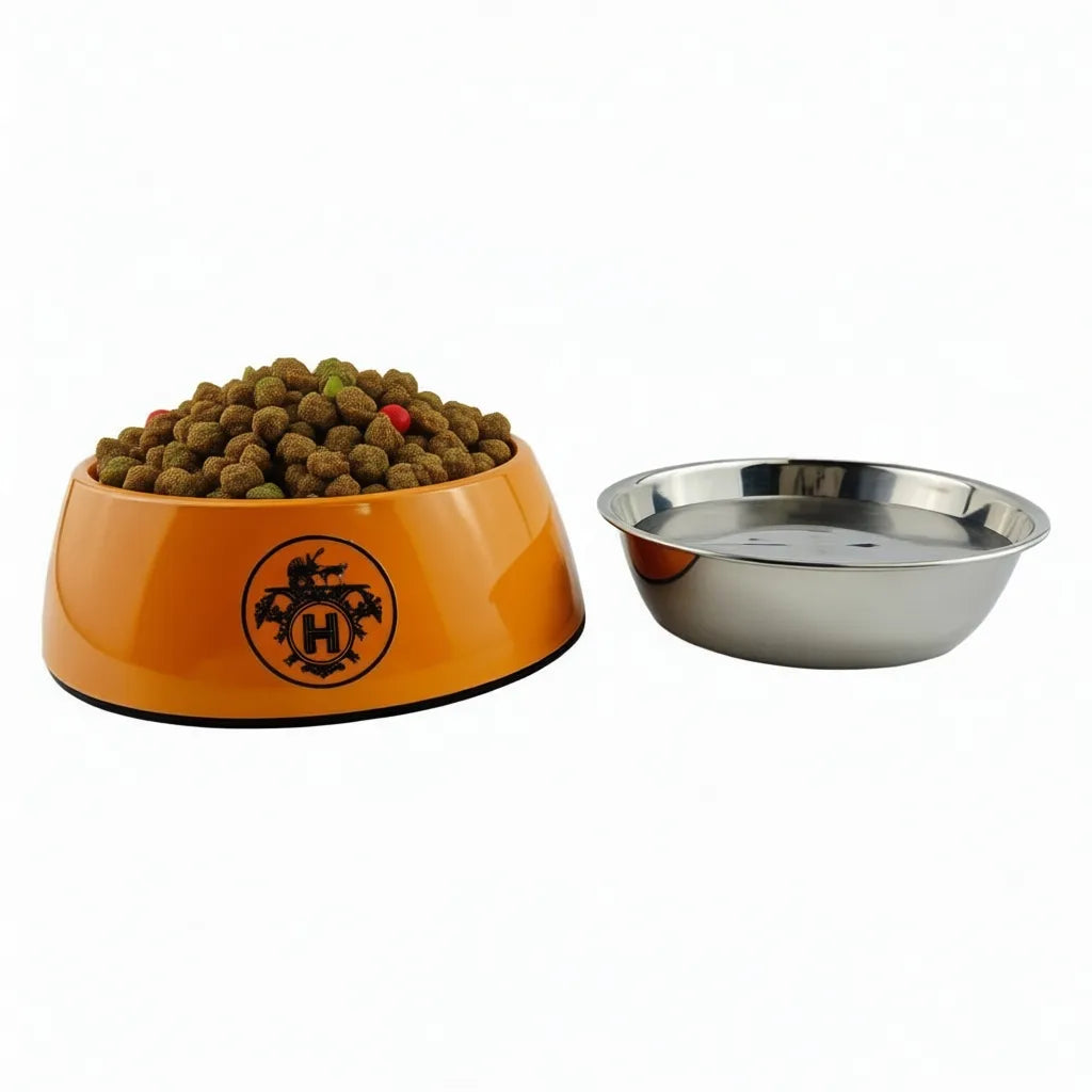 Designer Pets Bowls 2 in 1 Dog Food Water Bowl, Luxury Stainless Steel Pet Dishes Melamine Cat Feeder Bowls with Non-Skid Base for Medium Small Dog, Feeding, Drinking J30